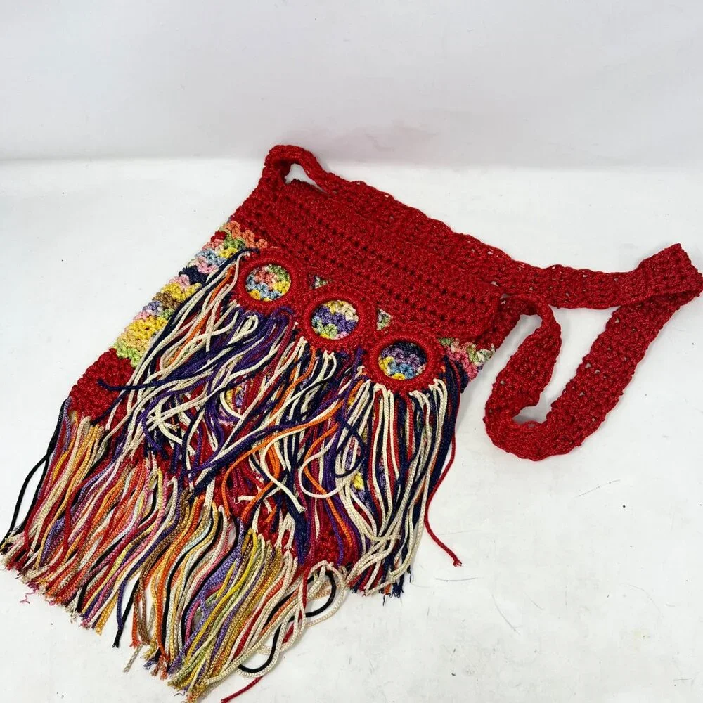 Crochet Shoulder Bag Handmade Boho Hippie Rainbow Fringe - Read‎ - Rough Fibers